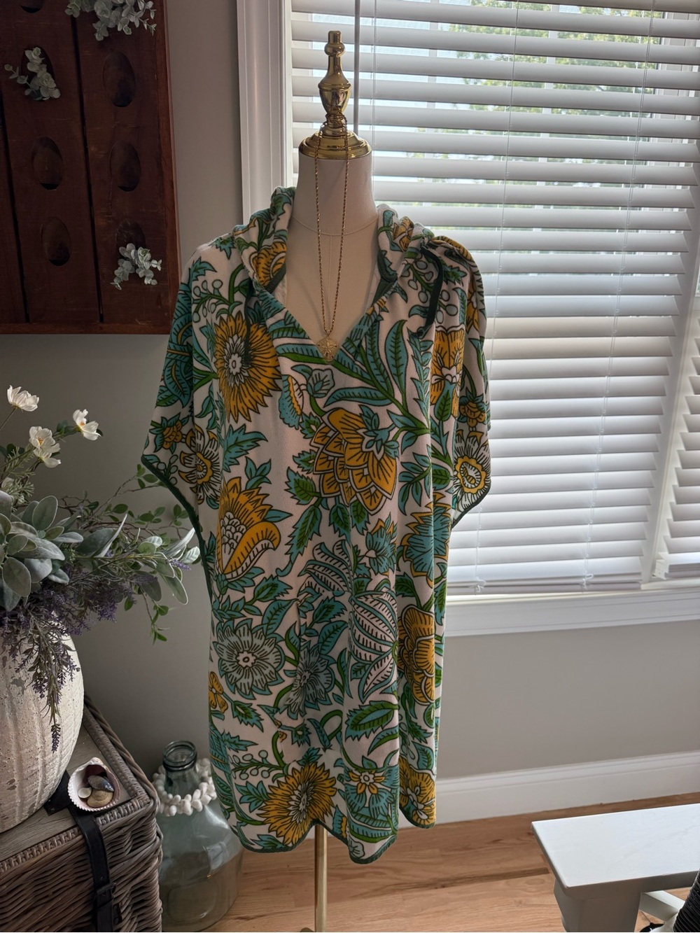 Tuckernuck Floral Hooded Swim Coverup in White, Yellow & Green